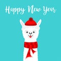 Happy New Year. Llama alpaca baby face neck. Santa Claus red hat, scarf. Cute cartoon funny kawaii character. Merry Christmas. Royalty Free Stock Photo