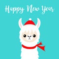 Happy New Year. Llama alpaca baby face. Santa Claus red hat, scarf. Cute cartoon funny kawaii character. Merry Christmas. Greeting Royalty Free Stock Photo