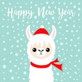 Happy New Year. Llama alpaca baby face. Santa Claus red hat, scarf. Cute cartoon funny kawaii character. Merry Christmas. Snow Royalty Free Stock Photo