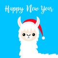 Happy New Year. Llama alpaca baby face. Santa hat. Merry Christmas. Cute cartoon funny kawaii character. T-shirt, greeting card, Royalty Free Stock Photo