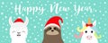 Happy New Year. Llama alpaca, sloth face set. Red Santa hat. Snow flake. Merry Christmas. Cute cartoon funny kawaii character.