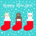 Happy New Year. Llama alpaca, sloth, unicorn in red sock. Snow flake. Merry Christmas. Cute cartoon funny kawaii character. T-