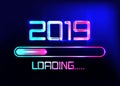 Happy new year 2019 with loading icon blue neon style. Progress bar almost reaching new year`s eve. Vector illustration neon 2019 Royalty Free Stock Photo