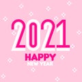 Happy New Year 2021 logo design with elegant condensed numbers on pink floral background. Modern vector illustration