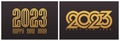 Happy New Year 2023 logo design with elegant golden numbers on dark background. Modern vector illustration for holiday calendar