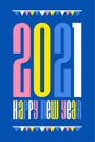 Happy New Year 2021 logo design with multicolored flags and elegant condensed numbers on a blue. Wonderful vector illustration