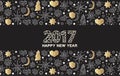 Happy New Year luxury gold seamless pattern with stars, balls, noel, heart and holiday elements in geometric style. Royalty Free Stock Photo