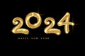 2024 Happy new year made of gold fir branches in golden Fur effect style. Happy Holiday Shiny Luxury Festive Numbers Design