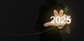 Happy new year 2025. A man reaches out his hand to take new opportunities in 2025 with a rising curve symbolizing the anticipation Royalty Free Stock Photo