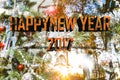 Happy new year 2017 maple word with pine tree sunrise and christ Royalty Free Stock Photo