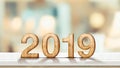 Happy new year 2019 on marble table with pale soft bokeh wall,banner for display or montage of product for holiday promotion and