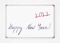 Happy New Year 2022 marker pen drawing, new year numbers on school classroom board, note board, noticeboard text for new