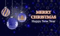 Happy New Year and Merry Christmas background with christmas balls toy. Black background. Can be used for shopping sale, banner,