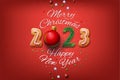 Merry Christmas and Happy New Year 2023 banner, red background Royalty Free Stock Photo