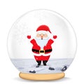 Happy New Year and Merry Christmas banner. Xmas Snowball with santa claus, snow and mountain. Glass snow globe 3d design. Festive Royalty Free Stock Photo
