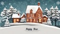 Happy New Year and Merry Christmas banner. Xmas Snowball with trees and house Royalty Free Stock Photo