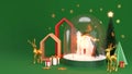 Happy New Year and Merry Christmas banner. Xmas Snowball with trees and house. Glass snow globe realistic 3d rendering Royalty Free Stock Photo