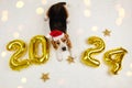 Happy New Year 2024 and Merry Christmas. A beagle dog in a Santa Claus hat i Royalty Free Stock Photo