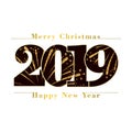 Happy new year Merry Christmas card. Black number 2019, gold snowflakes, isolated white background. Golden firework