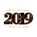 Happy new year Merry Christmas card. Black number 2019, gold snowflakes, isolated white background. Golden firework