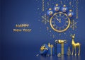 Happy New 2024 Year. Merry christmas card. Blue Christmas bauble balls with gold numbers 2024, snowflakes. Watch with Roman
