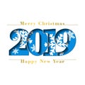 Happy new year Merry Christmas card. Blue number 2019 with snowflakes, isolated white background. Gold texture. Bright Royalty Free Stock Photo