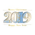 Happy new year Merry Christmas card. Blue number 2019, snowflakes, isolated white background. Golden firework. Bright