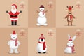 Happy new year and Merry Christmas card with Santa Clause, Snowman, Penguin, White bear, Rabbit, and Deer vector Royalty Free Stock Photo