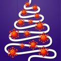 Happy New Year an merry christmas. cartoon coronavirus bacteria with line christmas tree. Vector stock illustration