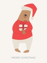 Happy New Year! Merry Christmas! Cartoon illustration with santa bear. Cute festive poster, postcard or banner. Teddy bear in a Royalty Free Stock Photo