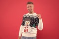 happy new year. merry christmas. cheerful unshaven man in funny knitted sweater. man celebrate xmas party. winter Royalty Free Stock Photo