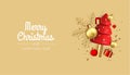 Happy New Year and Merry Christmas. Christmas holiday background with realistic 3d object, gold christmas balls, conical