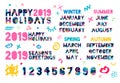 Happy New Year 2019, Merry Christmas. Colorful hand drawn vector illustration