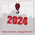 Happy New Year and Merry Christmas concept. A crane lifts the symbol of 2024