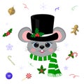 Happy New Year and Merry Christmas. Cute mice or rats with blue eyes in a black snowman hat and scarf. Christmas Royalty Free Stock Photo