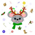 Happy New Year and Merry Christmas. Cute mice or rats with blue eyes in deer horns with garlands and a green scarf Royalty Free Stock Photo