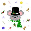 Happy New Year and Merry Christmas. Cute mice or rats with closed eyes in a black snowman hat and scarf. Christmas Royalty Free Stock Photo