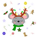 Happy New Year and Merry Christmas. Cute mice or rats with closed eyes in deer horns with garlands and a green scarf Royalty Free Stock Photo