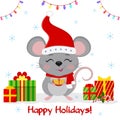 Happy New Year and Merry Christmas. Cute mouse, rat with eyes closed in a hat and a Santa scarf, holds a piece of cheese Royalty Free Stock Photo