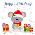 Happy New Year and Merry Christmas. Cute mouse, rat with eyes closed in a hat and a Santa scarf, holds a piece of cheese Royalty Free Stock Photo