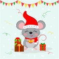 Happy New Year and Merry Christmas. Cute mouse, rat with eyes closed in a hat and a Santa scarf, holds a piece of cheese Royalty Free Stock Photo