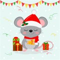 Happy New Year and Merry Christmas. Cute mouse, rat with eyes closed in a Santa hat and scarf, holds a piece of cheese with a Royalty Free Stock Photo