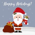 Happy New Year and Merry Christmas. Cute Santa Claus holding a Christmas sock and a red bag with gifts on a snowflakes Royalty Free Stock Photo