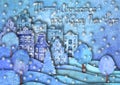 Happy new year and Merry christmas design. Watercolour hand drawn hills, houses, trees, snowflakes Royalty Free Stock Photo