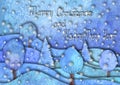 Happy new year and Merry christmas design. Watercolour hand drawn hills, trees, snowflakes on purple blue background Royalty Free Stock Photo