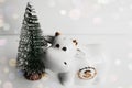 Happy new year and merry christmas. Festive composition. Money investment concept. The symbol of the year 2021 is the cow and the Royalty Free Stock Photo