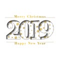 Happy new year Merry Christmas gold card. Number 2019, gold snowflake texture, isolated white background. Bright design Royalty Free Stock Photo