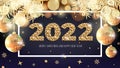 Happy New Year 2022 and Merry Christmas gold greeting card design with numbers of beads, golden spruce branches and