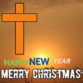 Happy new year and merry Christmas. golden colour christian cross symbol with sunset backgrounds.