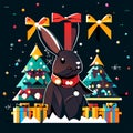 Happy New Year and Merry Christmas greeting card with cute cartoon black rabbit, gift boxes and christmas tree. AI generated